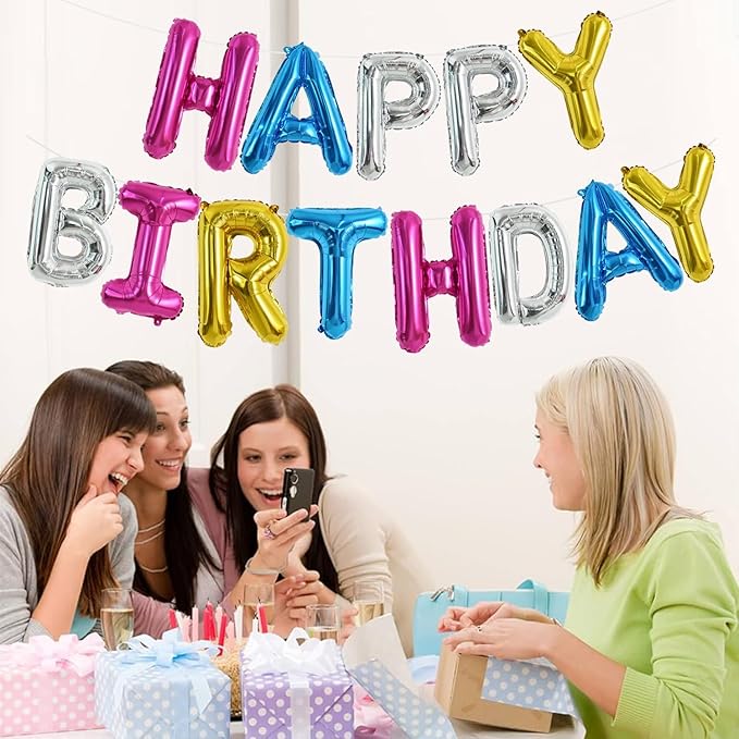 TONIFUL 16 Inch Mylar Letters Birthday Sign Banner Balloon,Happy Birthday Balloons Banner with Ribbon Straw Bunting Reusable for Adults & Girls Boys Kids Birthday Halloween Supplies（Rainbow）
