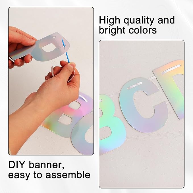 BEISHIDA 116 PCS A-Z DIY Letter Banner Kit Make Your Own Banner Glitter Laser Silver Including 111 Letters and Numbers 3 Rope and 2 Threading Device,Customized for Birthday Graduation Party Decor