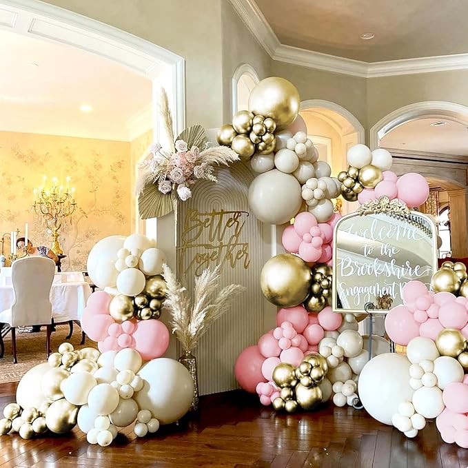Pink White Gold Balloon Garland Arch Kit, 160Pcs Pastel Pink Matte White Metallic Gold Balloons for Girls Birthday Baby Shower Wedding Bridal Shower Party Decorations