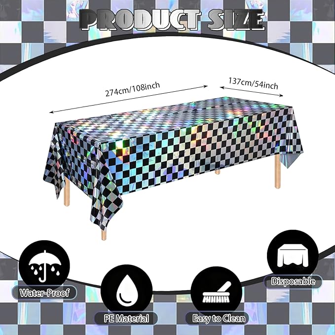 3-Pack Vibrant Black Checkered Tablecloths, Holographic Glittering Disposable Plastic Tablecloths, 54 Inches x 108 Inches, Suitable for Picnics, Birthday Parties, Racing Theme Decorations