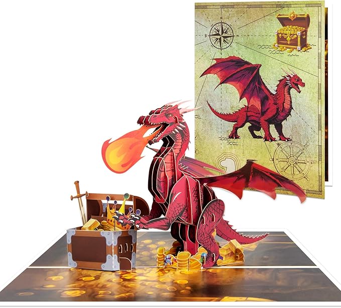 Treasure Chest Fire Dragon Pop Up Greeting Card with Blank Note & Envelope, ideal celebration gift for Friendship, Love, Anniversary, Special Moment, Inspirational, Birthday, Holiday, Party