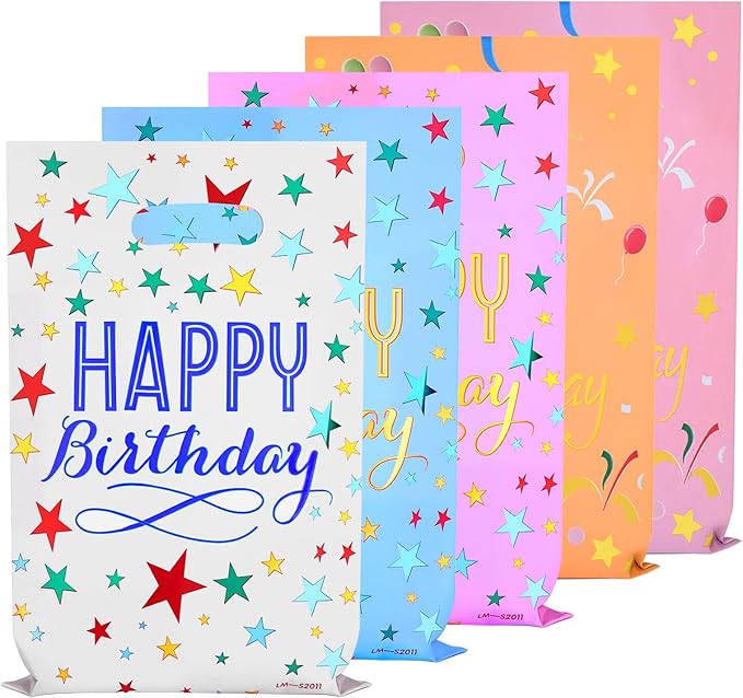 GOMANCHE 40-Pack Happy Birthday Party Favor Bags 9.4 x 6.3 Inch - Colorful Reusable Goodie Gift Bags for Kids, Girls & Boys Birthday Parties, Baby Showers & Special Events