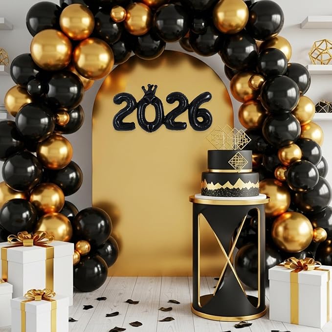 TONIFUL 2026 Black Crown Foil Number Balloons 16 Inch Black Number Banner 2026 Graduation Aluminum Foil Mylar Balloons for New Year Eve Christmas Anniversary Party Supplies