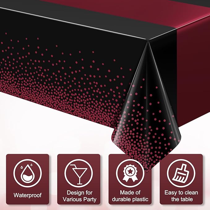 1Pcs Black and Maroon Tablecloth Party Decorations,Plastic Black Table Cloth Printed Maroon Table Runner Disposable Rectangle Table Cover for Birthday Wedding Graduation Anniversary Party,54x108Inch