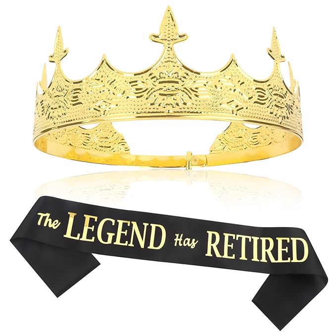Semato Retirement Sash and Crown Kit for Men: King Crown, Retired Sash, Gold, One Size, Adult Men's Retirement Decorations