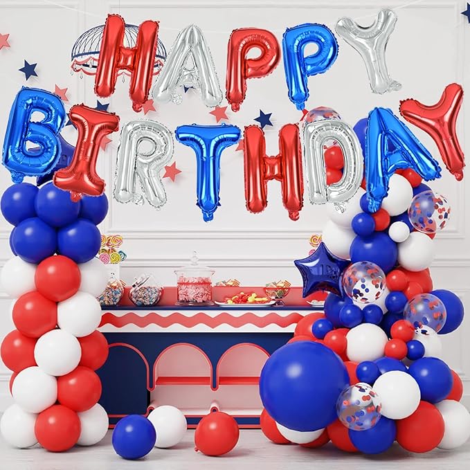 TONIFUL Happy Birthday Balloons Banner 16 Inch Mylar Letters Birthday Sign Banner Balloon Bunting Reusable for Patriotic Party Supplies Independence Day Labor Day Birthday Party（Blue Silver Red）