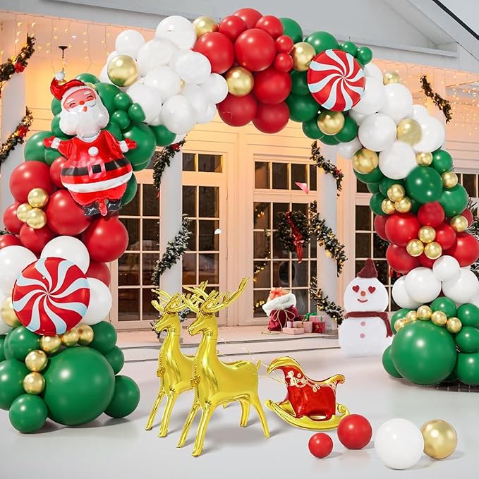 Christmas Balloon Garland Arch kit, 134 Pieces Xmas Green Red White Gold Balloons Garland Kit, Candy Cane Foil Balloons Elk Santa Claus Balloon for New Year Christmas Party Decorations