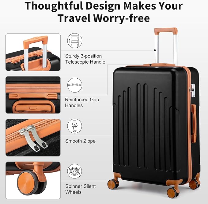Karl home 28 Inch Check-in Luggage with Spinner Wheels, ABS Hardshell Checked Suitcase with TSA Lock, Durable Large Suitcase Rolling Luggage for Men Women, Black & Brown
