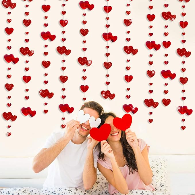52Ft Valentines Day Party Decorations Red Heart Garland Metallic Glitter Hanging Heart Streamer Banner for Anniversary Mother's Day Engagement Wedding Bridal Shower Bachelorette Hen Party Supplies