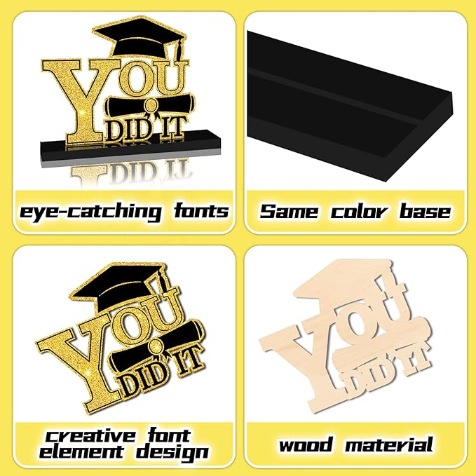 4Pcs Graduation Decorations Class of 2026 Wood Table Centerpieces Congrats Grad Wooden Sign Graduation Table Toppers Congratulate Tiered Tray Decor for 2026 Graduation Party (Black-Gold)
