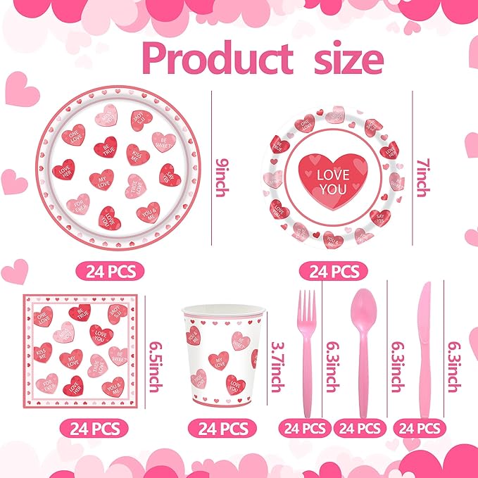168Pcs Valentines Paper Plates and Napkins,Valentine's Day Party Supplies Pink Heart Paper Plates Napkins Cups Dinnerware for Galentines Party Decorations,Serves 24