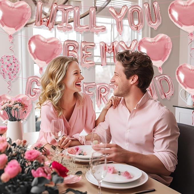 2 Set 16 Inch Rose Gold 'Will You Be My Girlfriend' Balloons Banner with 6 Heart Shaped Balloons for Romantic Decorations, Engagements, Anniversaries, Valentines Day Decor