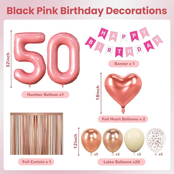50th Birthday Decorations for Women, Rose Gold and Pink Party Supplies Set with Happy 50th Banner, Number 50 Balloon and Foil Fringe Curtains, 50 Year Old Kit