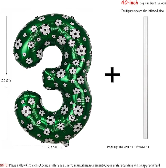 40 Inch Soccer Number 3 Balloons Large Foil Balloon Number 3 Birthday Deco World Cup Sports Soccer Theme Decoration For Soccer Party And Boy'S 3 th Birthday