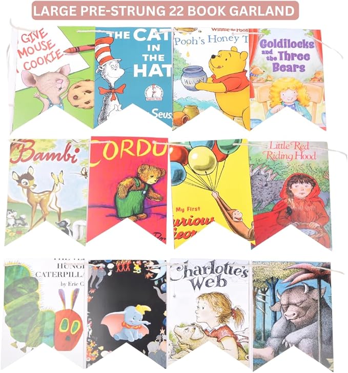 Book Garland – Vintage Book Pages String Decoration – 22 Pieces Perfect for Book Lovers, Kids Room Decor, Themed Parties, Comic Story Party Banner, Home, Library (Print Type, Double-Sided Print)
