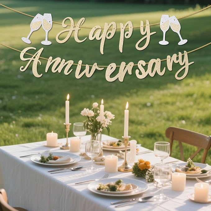Happy Anniversary Banner, Pre-Strung Glitter Anniversary with Champagne Gold Wine Glass Design for Wedding Party & Celebration Decorations (Champagne Gold)