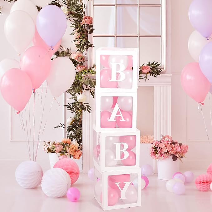 Baby Boxes with Letters for Baby Shower, 4 Transparent Balloon Boxes with Letters for Gender Reveal Birthday Wedding Baby Shower Decorations( Pink and White Balloons)