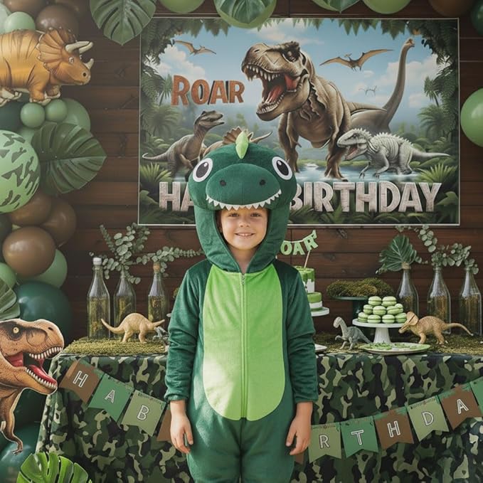 Dinosaur Birthday Party Decorations with Dinosaur backdrop Hunter Green brown balloon arch & Small dino Foil balloons & birthday Banners for Kids Jungle ROAR Three-REX Wild one theme Party Supplies