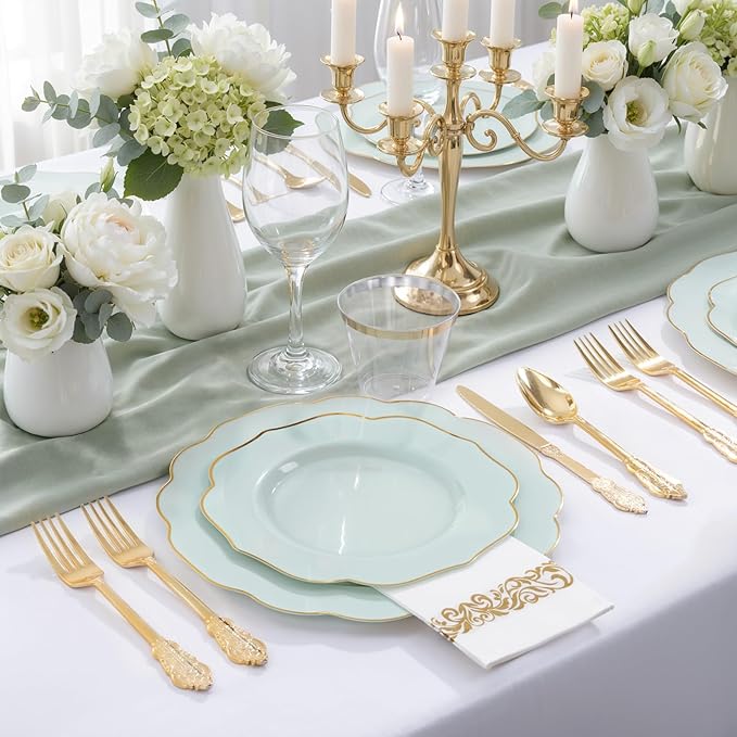 NOCCUR 175PCS Sage Green Plastic Plates with Gold Disposable Silverware - Include 50 Green and Gold Plastic Plates,25 Knives,25 Forks,25 Spoons,25 Cups and 25 Napkins - Easter Day/Spring Party