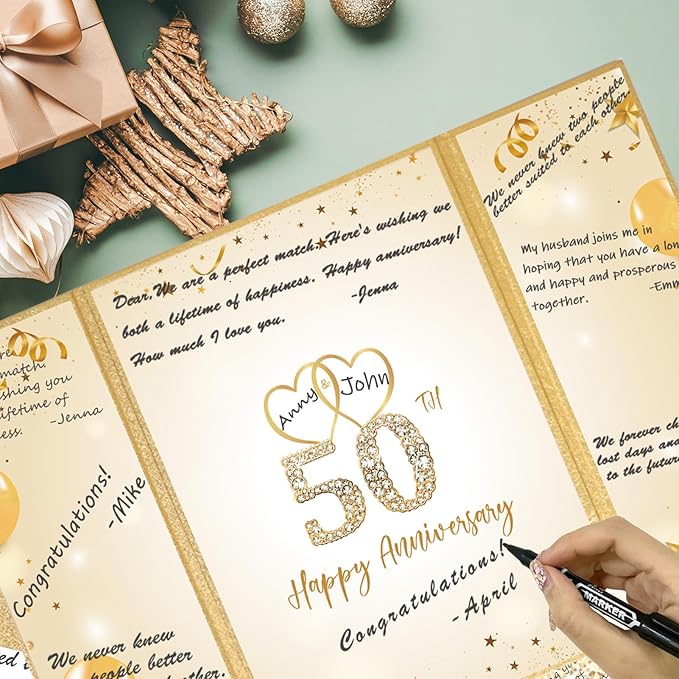 Trgowaul Gold 50th Wedding Anniversary Decorations, Happy 50th Anniversary Guest Book Alternative, 50th Anniversary Signature Book, White Gold Gift Card for 50 Years Wedding Anniversary Party Supplies