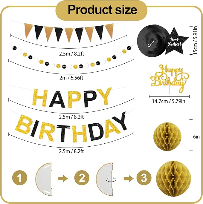 Birthday Decoratioans Pre-Strung Happy Birthday Banner for Women Men Boys Girls Black Gold Birthday Banners with Pennant Honeycomb Balls Cake Topper Stars Hanging Swirl Streamers Circle Dots Garland