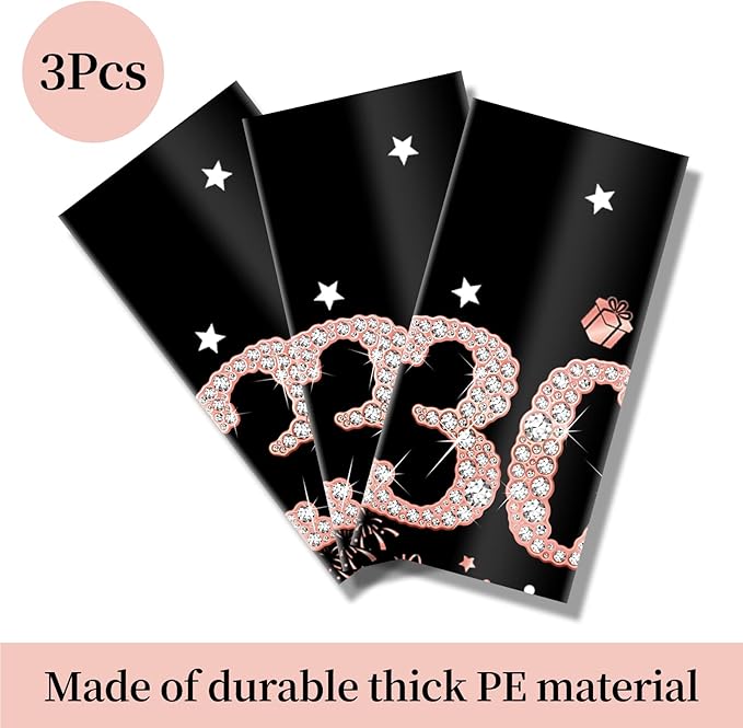 3 Pack Rose Gold Happy Thirty Table Cover - 30th Birthday Party Supplies, Plastic Disposable Rectangular Table Cloth Decor