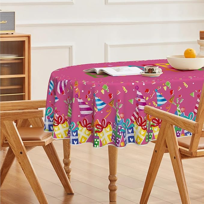 Horaldaily Birthday Tablecloth 60x84 Inch Oval, Happy Birthday Ballon Pink Washable Seasonal Table Cover for Party Picnic Dinner Decor