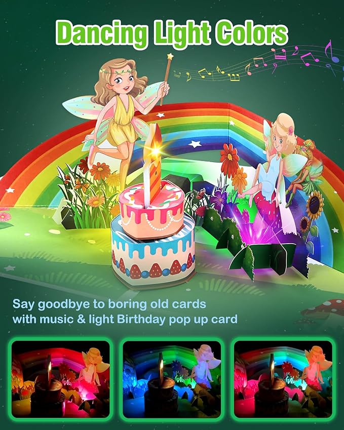 FaCraft Fairy Birthday Card - Musical Pop Up Birthday Card for Girls & Kids - 1st Birthday Card Girl with Blowable Candle & Cheering Sound - 8x6 Handmade Greeting Card with Envelope Blank Insert Seal