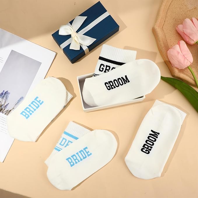 Bride Socks for Wedding Day 2 Pairs - Bridal Groom Socks Bride to Be Something Blue Cotton Ankle Sock with Gift Box
