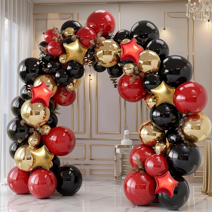 Red Gold Black Balloon Garland Arch Kit, 160Pcs Black Red Gold Latex Balloons with Star Foil Balloons for Anniversary Casino Night New Years Hollywood Movie Night Birthday Party Decorations