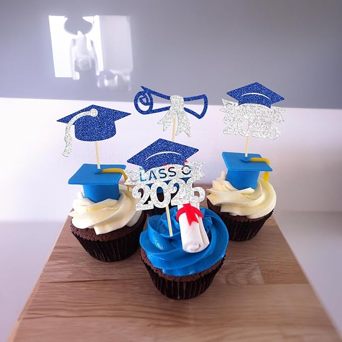 Gyufise 24Pcs Class of 2026 Graduation Cupcake Toppers Glitter Diploma 2026 Grad Cap Cupcake Picks for 2026 Theme Party Cake Decorations Supplies Silver Blue