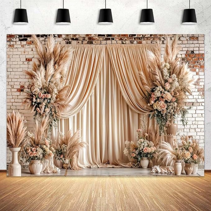 7X7ft Boho Floral Wedding Backdrop Wall Background Photography Beige Vintage Flowers Backdrops for Parties Wedding, Girls Birthday Princess Weeding Bridal Shower Floral Anniversary Ceremony Decor