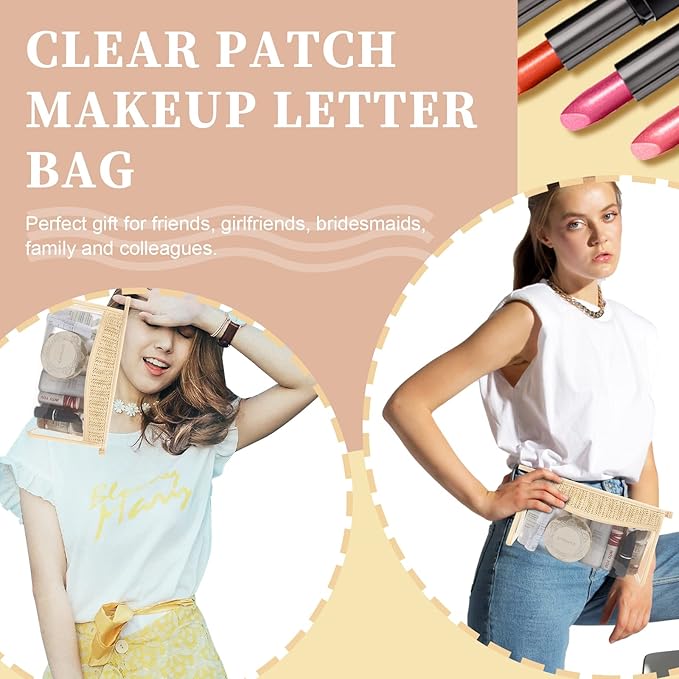 Boho Patch Bag Clear Makeup Letter Bag, Waterproof Zipper Make up Bags Toiletry Pouch for Women Girls, Hollow Woven Clear Letter Patch Cosmetic Bags Transparent Organizer Pouch for Travel(Beige)