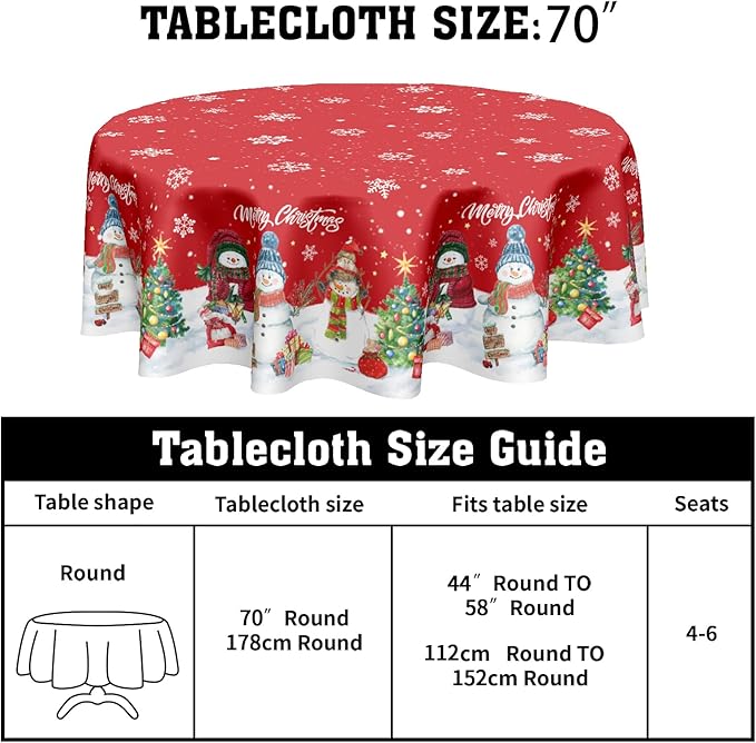 Christmas Round Tablecloth 70 Inch Xmas Snowman and Snowflake Pattern Circle Table Cloth Winter Table Cover Washable Polyester Decor for Home Kitchen Dinning Party