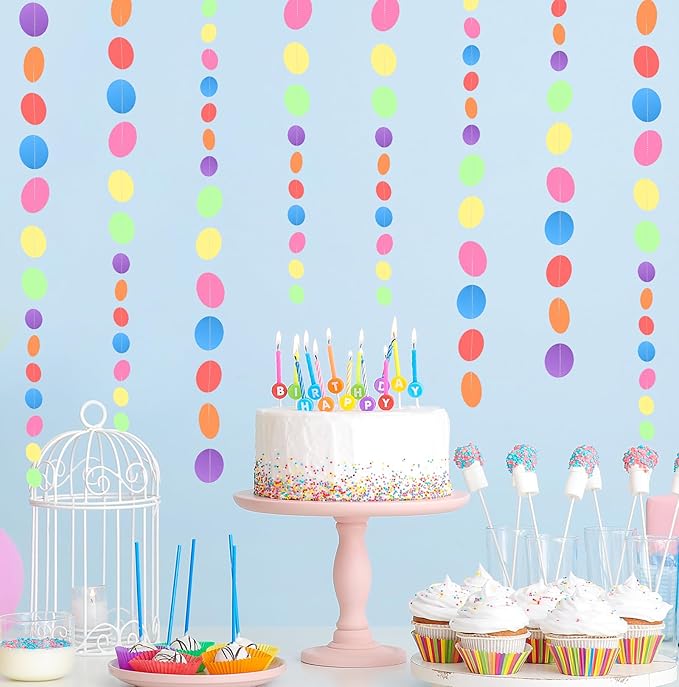 MIAHART 52 Feet Circle Dots Garland Lavender Paper Garland for Birthday Bridal Wedding Baby Shower Christmas Valentine Day Lilac Theme Party Decorations (Rainbow)
