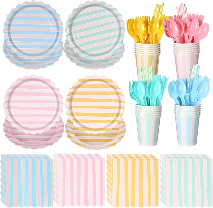 220 Pcs 24 Guests Pastel Stripe Party Decoration Supplies, 7 and 9 Inch Pastel Disposable Paper Plate, Napkins Paper Cup with Straws for Tableware Birthday Wedding Baby Shower Spring Picnic