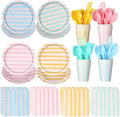 220 Pcs 24 Guests Pastel Stripe Party Decoration Supplies, 7 and 9 Inch Pastel Disposable Paper Plate, Napkins Paper Cup with Straws for Tableware Birthday Wedding Baby Shower Spring Picnic