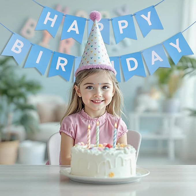 Blue Happy Birthday Banner - Mixed Blue Hanging Backdrop Sign with White Letters, Happy Birthday Sign Bunting Decorations for Women men Kids Baby Shower Party Supplies (13pcs)
