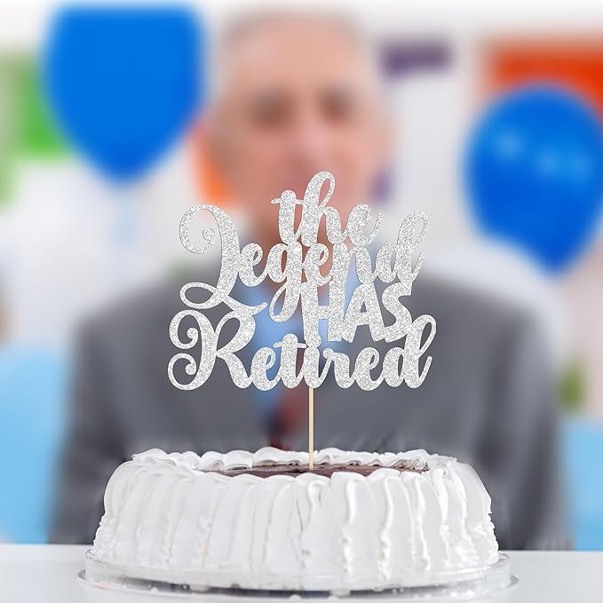 Gyufise 1Pc The Legend Has Retired Cake Topper Glitter Going Away Cupcake Pick for Happy Farewell Retirement Theme Party Cake Decorations Supplies Silver
