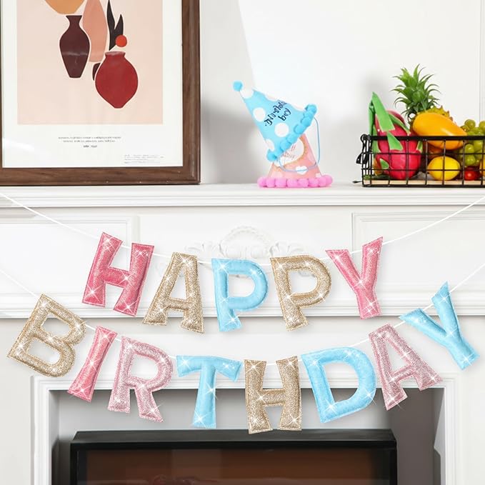 Tegeme Felt Happy Birthday Banner, Pre-strung Glitter Pastel Happy Birthday Garland Reusable Mini Colorful Rainbow Decoration for Woman, Man Party Photo Prop