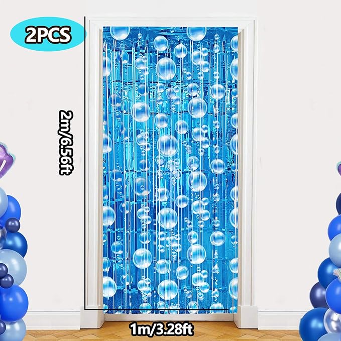 Under The Sea Party Decorations Ocean Balloon Garland Arch Kit, 135 PCS Blue Bubble Foil Fringe Curtains Backdrop Tinsel Streamer Photo Booth Props Mermaid Beach Themed Birthday Party Decor Supplies