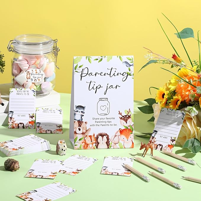 Roowest Baby Shower to Baby Advice Cards for New Parents to Be - Tip Jar Sign for New Parents 60 Parenting Advice Cards 10 HB Pencils 2 Cute Stickers 1 Pet Bottle for Guests Games(Woodland)