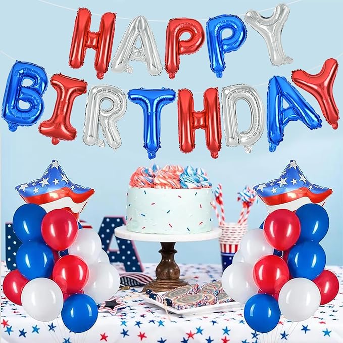 TONIFUL Happy Birthday Balloons Banner 16 Inch Mylar Letters Birthday Sign Banner Balloon Bunting Reusable for Patriotic Party Supplies Independence Day Labor Day Birthday Party（Blue Silver Red）