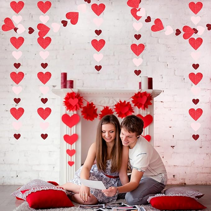 Pink Burgundy-Red Valentines-Day Party-Decorations Garland - 52Ft Proposal Special Night Galentines Heart Paper Streamers Banner,Bachelorette Bridal Shower Engagement Wedding Decor Lasting Surprise