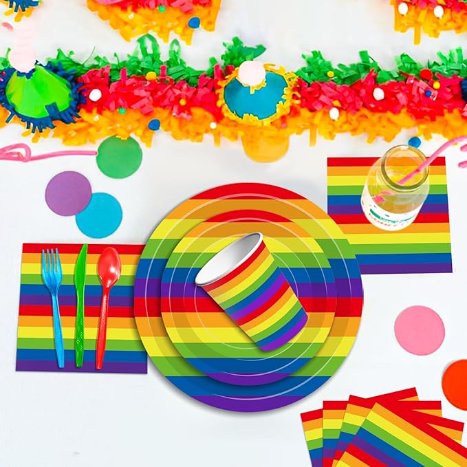 175 Pcs Rainbow Stripes Party Supplies Set - Serves 25, Colorful Disposable Plates, Cups, Napkins, Forks, Spoons, and Knives for LGBTQ+ Pride Month, Rainbow-Themed Birthday, Wedding Decorations