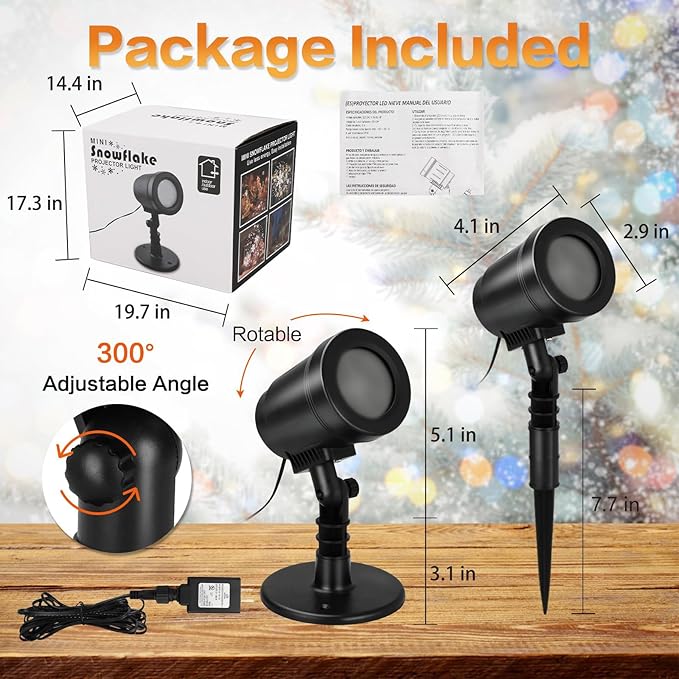 Snowflake Projector Lights Outdoor Waterproof, Snow Holiday Projector Lights, 360°Roating LED Snowflake Light, Snowflake Decoration for House, Yard, Wall, Outside and Indoors