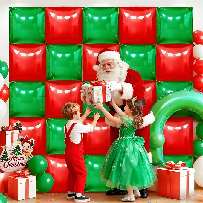 36Pcs Red and Green Square Foil Balloons Wall Backdrop, Double Sided Metallic Foil Balloons Tunnel Arch Garland Kit for Photo Booth Birthday Wedding Halloween Christmas Party Decorations