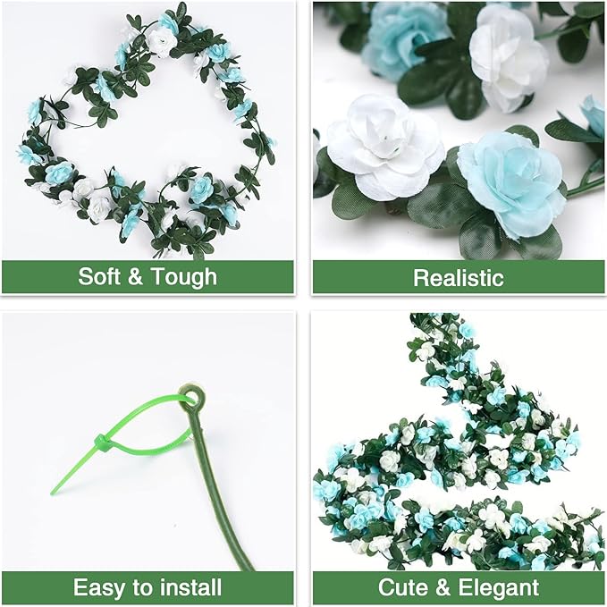 BLEUM CADE 5Pcs 41Ft Flower Garland Artificial Rose Vines with 32.8Ft String Lights, Cute Fake Hanging Flower Vines Floral Garland Decorations for Wedding Party Wall Room Decor Aesthetic