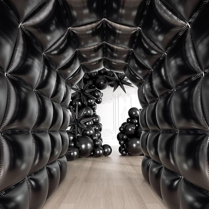 50pcs Black Square Foil Balloons Wall Backdrop with 80pcs Black Balloon Garland Arch Kit, Double Sided Balloon Tunnel for Anniversary New Year Birthday Graduation Baby Shower Party Decorations