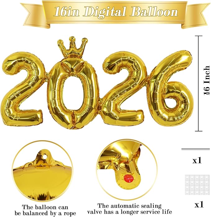 TONIFUL 2026 Gold Crown Foil Number Balloons 16 Inch Gold Number Banner 2026 Graduation Aluminum Foil Mylar Balloons for New Year Eve Christmas Anniversary Party Supplies